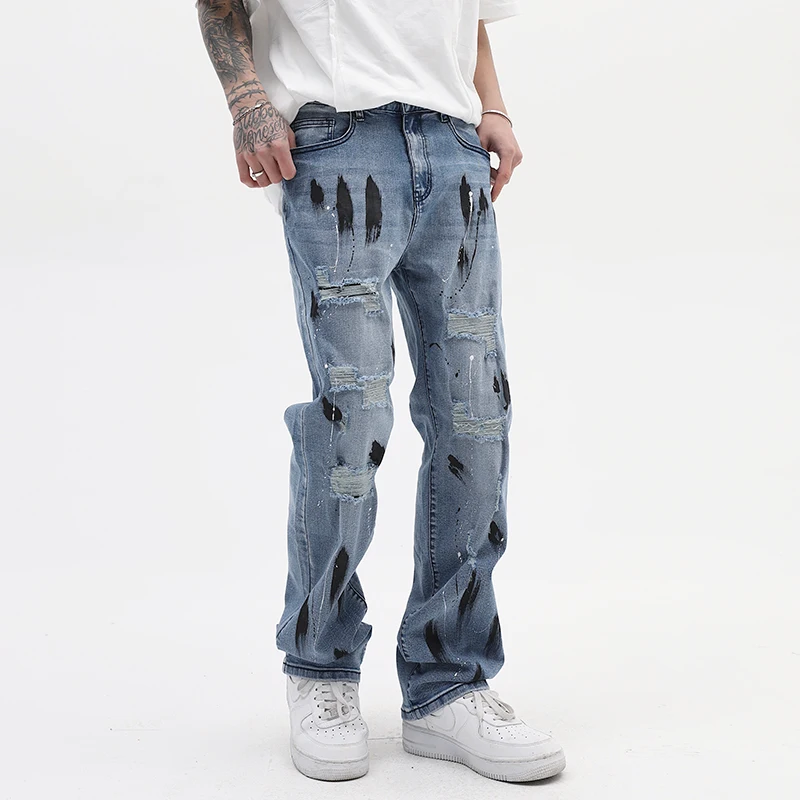 

Ripped Straight Retro Hole Blue Jeans Pants Mens Harajuku Streetwear Lighh Blue Casual Vibe Style Denim Trousers Oversized