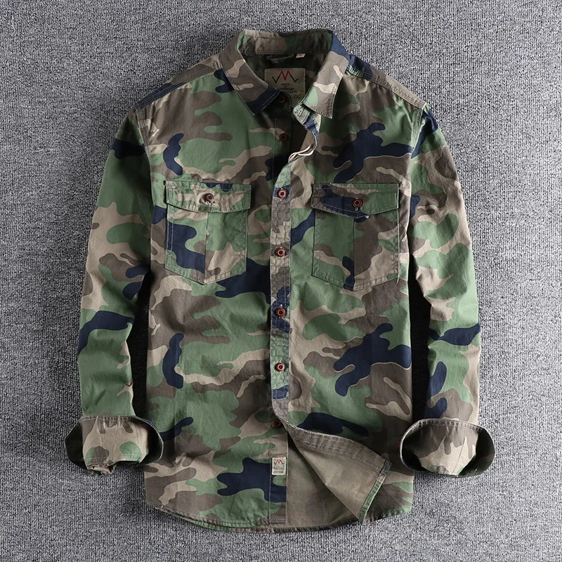 

Long Camouflage Men Men's Youth Pockets Double Sleeve Casual Military Shirt American Versatile Clothing Workwear Shirt 2022