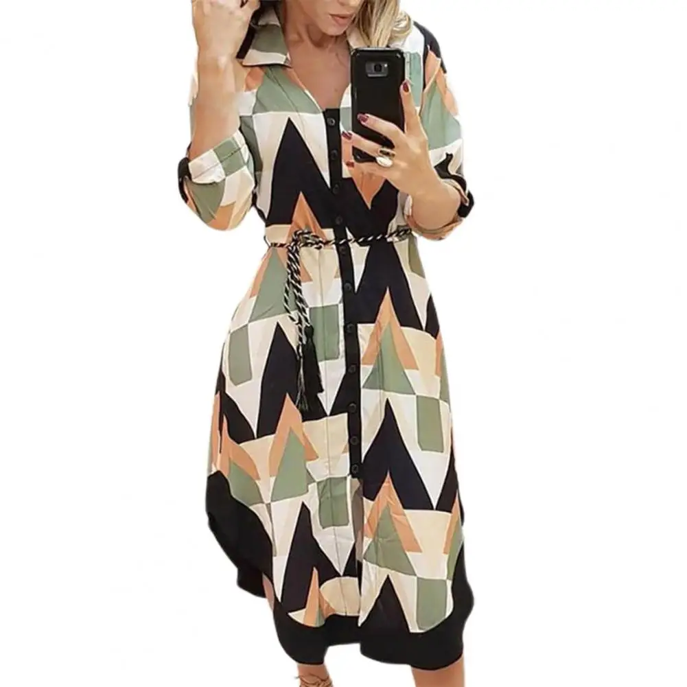 

Lapel Irregular Hem Long Sleeve Lace-up Midi Dress Fashion Geometry Patchwork Print Shirt Dress Ladies Clothing