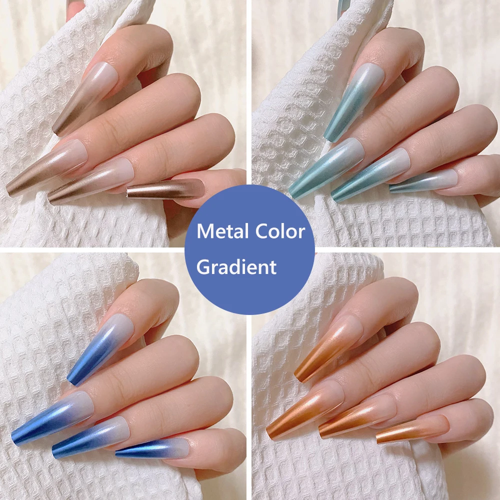 

24Pcs/set Gradient Metal Color Long Detachable Finished Fingernails Ballet Wearable Fake Nails Press On Square Head Full Cover