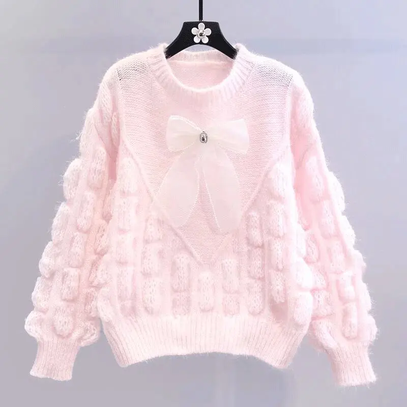 

Fresh three-dimensional bow set head sweater female autumn and winter new fashion soft glutinous lantern sleeve knitted tops