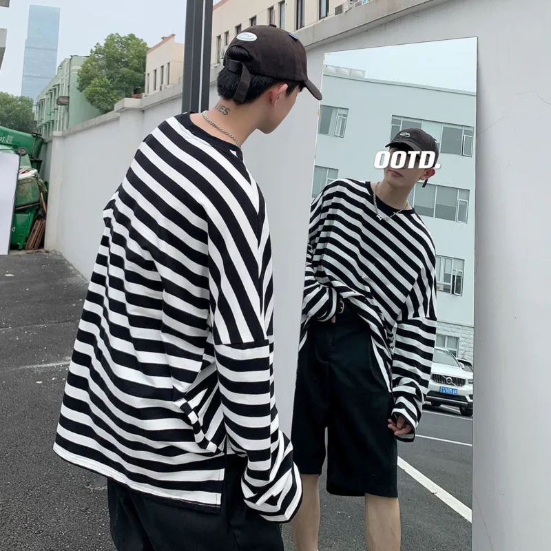 Футболка мужская хлопковая в полоску модная Повседневная Свободная рубашка с