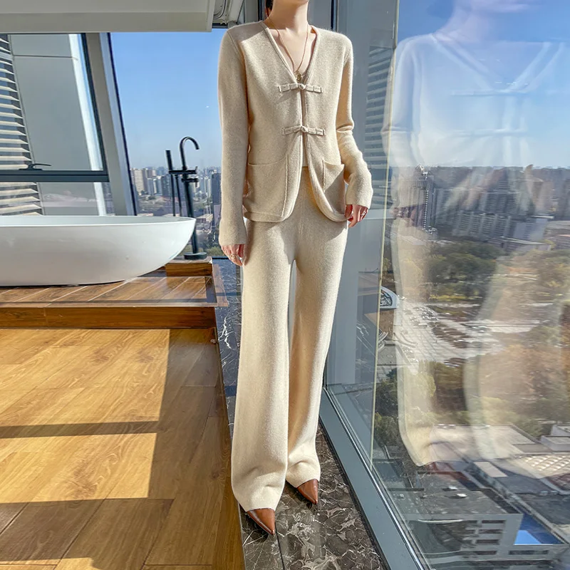 Комплект из двух предметов кардиган чистой шерсти в китайском стиле женские