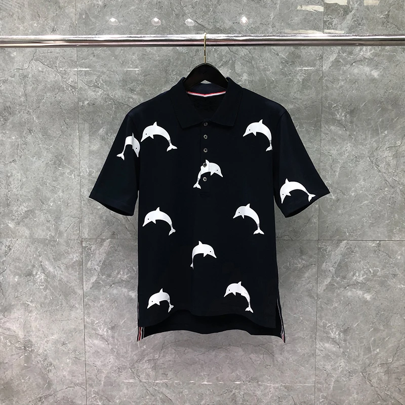 TB THOM T-Shirts Men Lovers Factory Wholesale Clothing Classic Basic Jersey Dolphin Pattern Short Sleeve Polo Sweatshirt