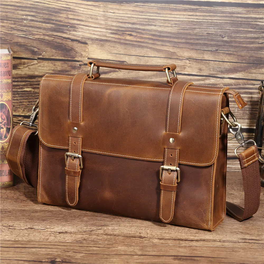 

Top Briefcase Grade Male Men's Vintage Real Crazy Horse Leather Messenger Shoulder Portfolio Laptop Bag Case Office Handbag 1095