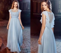 sky blue illusion lace o neck chiffon formal evening dress elegant ruffles prom party gown robe de soiree vestidos fiesta
