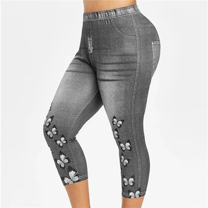 Woman Legging Pants Stretch Short Imitation Denim Butterfly Printed Legging Summer Breeches New High Waist Perfect Fit Jegging