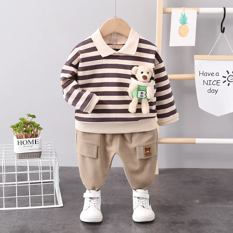 

Korean Baby Boy Clothes for Babies From 12 to 18 Months Cartoon Stripted Turn-down Collar T-shirts Tops Pants Boys Outfits Sets