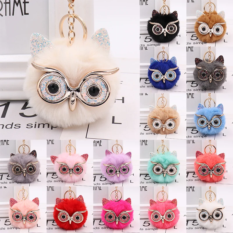 

Cute Owl Keychain Artificial Rabbit Hairy Pom-pom Key Ring Women Bag Pendant
