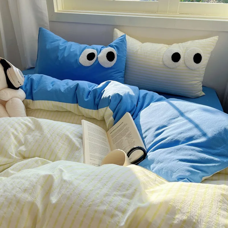 INS Solid Quilt Cover Washed Cotton Student Three-Piece Single Double E-Person Four-Piece Set Bed Sheet Bed...