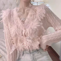 wdmsna lace flower knit cardigan women 2022 autumn v neck woman sweaters thin top single breasted long sleeve cropped sweater