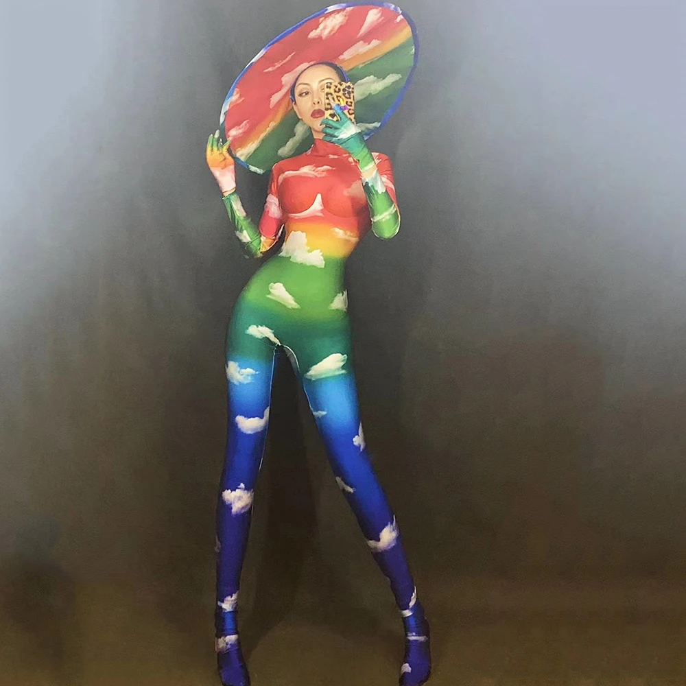 

Jumpsuits Rainbow Women Colorful Hat Fashion Show Clothing Performance Party Club Festival Outfit Drag Queen Celebrate Outfit