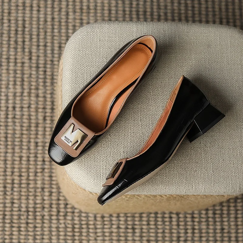 genuine leather pumps fashion metal buckle women shoes square toe shoes woman pumps thick high heels party basic lady shoes