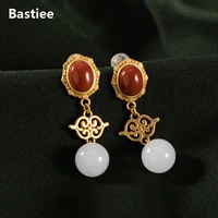 bastiee ethnic miao earrings s925 sterling silver gold plated south red agate hetian jade and white jade round bead ear studs