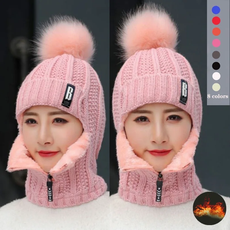 

Women Wool Knitted Hat Ski Hat Sets Female Windproof Winter Outdoor Thick Siamese Scarf Collar Warm Pompoms Cap Beanie Hats