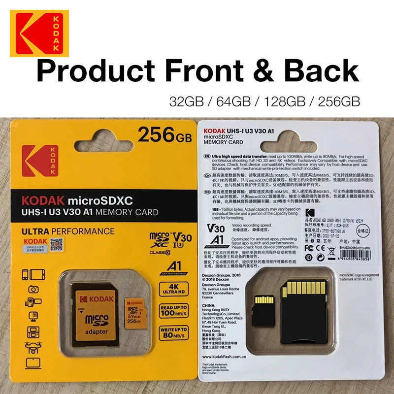 Original Kodak Micro SD Card 32GB 64GB 128GB 256GB Class 10 Memory U3 A1 V30 cartao de memoria Video Phone |