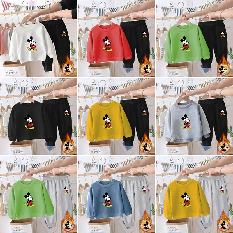 

Disney Mickey Hoodies Plush Thicken Baby Unisex Two Piece Sets Cartoon Print Long Sleeve Tops +Trousers Suit Casual Sweatshirts