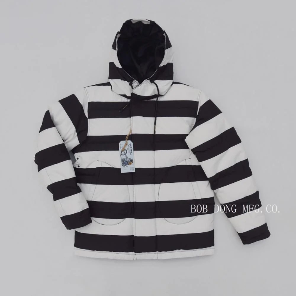 

BOB DONG Prisoner Stripes Hooded Down Coat Men's Moto Biker Style Observer Parka