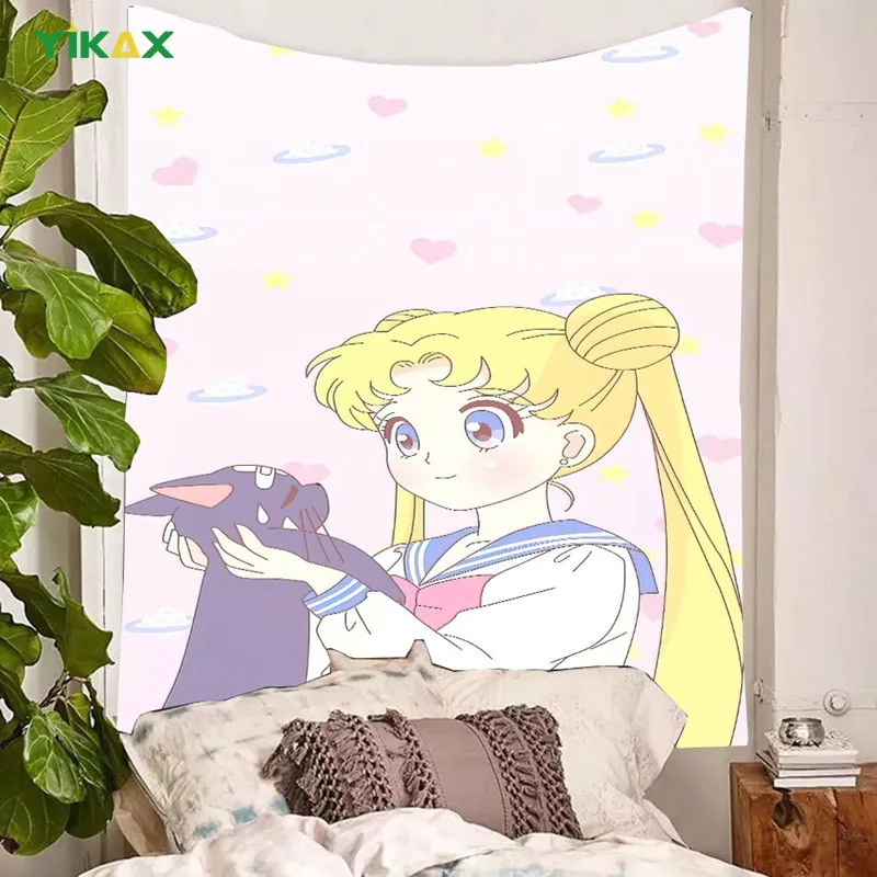 

Anime Tapestry Kawaii Sailor Moon Wall Hanging Girl Kids Bedroom Fairy Cartoon Dorm Cute Aesthetic Modern Home Decor Accessories