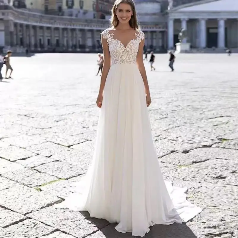 

2022 Rustic Sweetheart A-Line Wedding Dress Chiffon Illusion Back Bridal Gown Robe De Mariée Lace Applique Vestido De Noiva