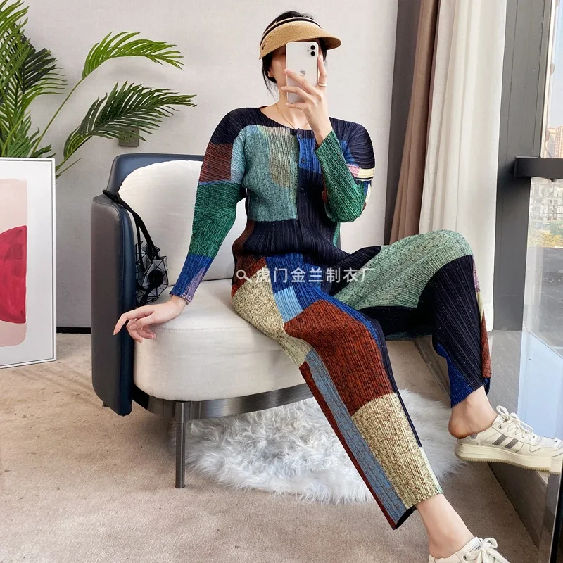 

Pleated print suit women's new spring and autumn style loose top pants fashion two-piece set