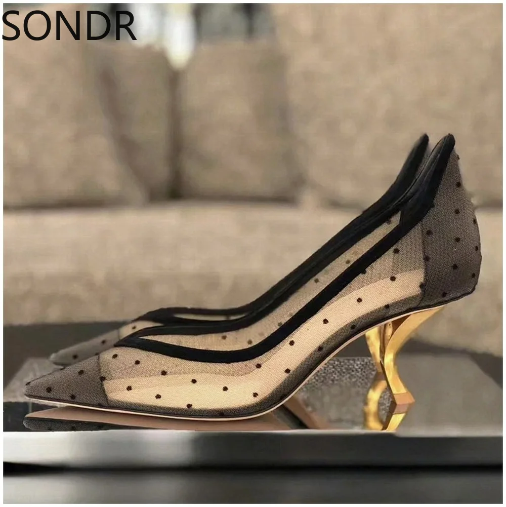 

2022 Womens Pointed Toe Mesh Rhinestones Breathable Dots Gold Metal Strange High Heel Pumps Sexy Party Shoes Plus Size Black