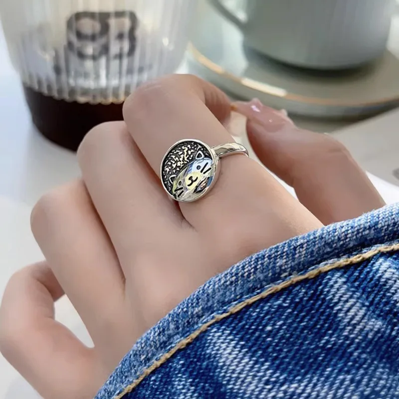 

925 Sterling Silver Vintage Cute Lucky Cat Circular Ring for Women Girl Student Gift Animal Retro Texture Jewelry Dropshipping