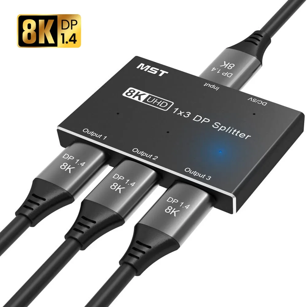 

8K DisplayPort Splitter 1 in 3 Out 8K@30Hz 4K@144Hz DP 1.4 Splitter Triple MST SST Adapter for DP Ultra HD Source to 3 Displays