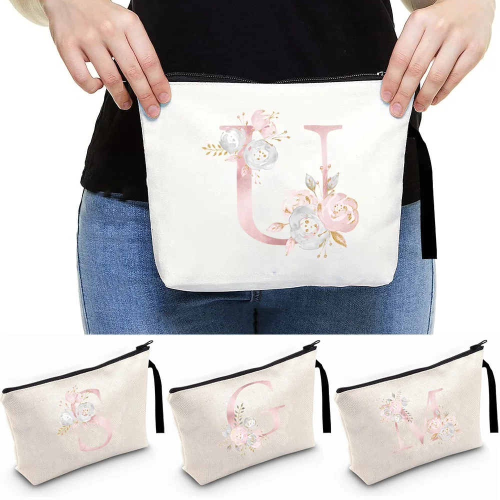 

Women Professional Makeup Bag with Mirror Portable Handbags Travel Workout Organizer Cosmetic Bags Letter Pink Flower Printing