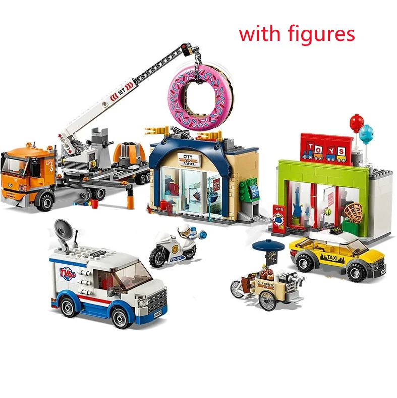 

City Donut Shop Store Opening Taxi Truck Car Crane Building Blocks Kit Bricks Classic Model Kids Toys For Children Gift