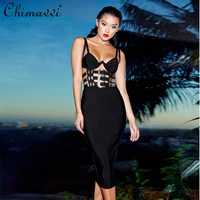fashion sexy metal buckle hollow out bandage one piece dress for female 2022 summer new black high waist slim strap dress women