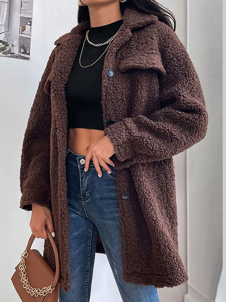 

Vintage Lamb Fleece Thick Jacket Women Elegant Commuter Lapel Long Sleeve Single Breasting Coat Ladies New Warm Clothe Wool Top