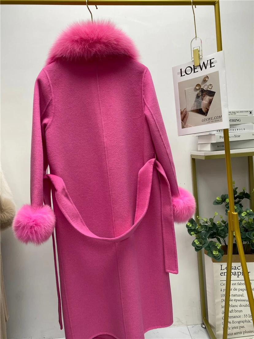 New Winter Women Real Fox Fur Coat 100% Woolen Jacket Natural Fox Fur Collar Cashmere Wool Blends Outerwear Fashion Streetwear
