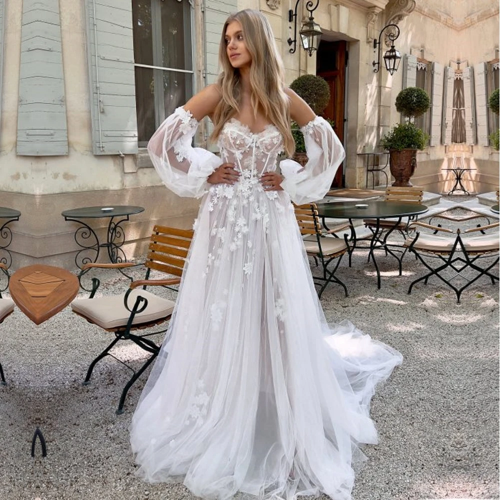 

5 Qcenkeren Wedding Dresses Sweetheart Off The Shoulder Puff Sleeve Applique Chapel Train Bridal Gowns suknia ślubna