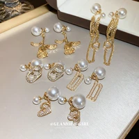 2022 trend big pearl drop earrings for women girls korean fashion gold color rhinestone geometric flower jewelry stud earring