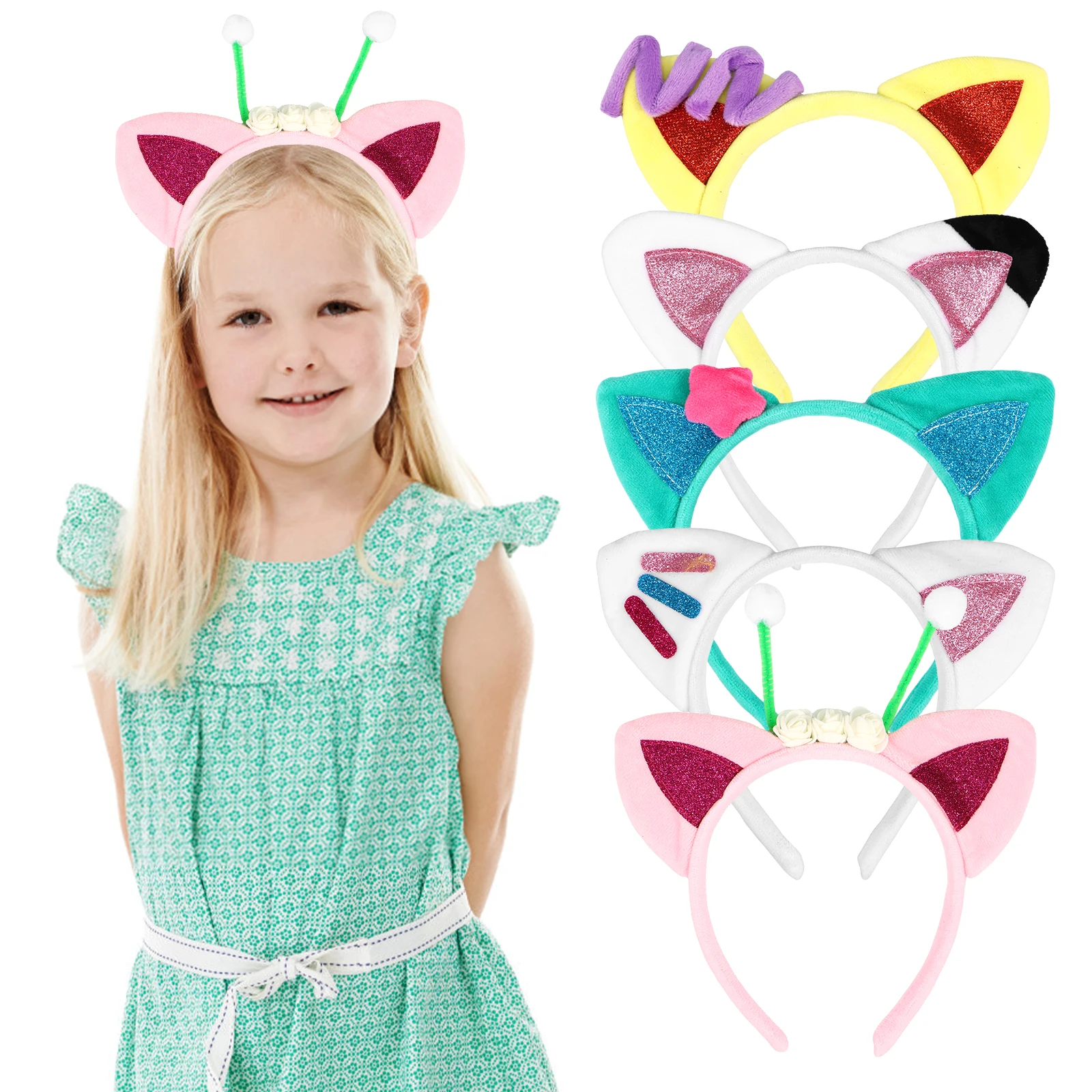 

5 шт., блестящие обручи для волос с кошачьими ушками