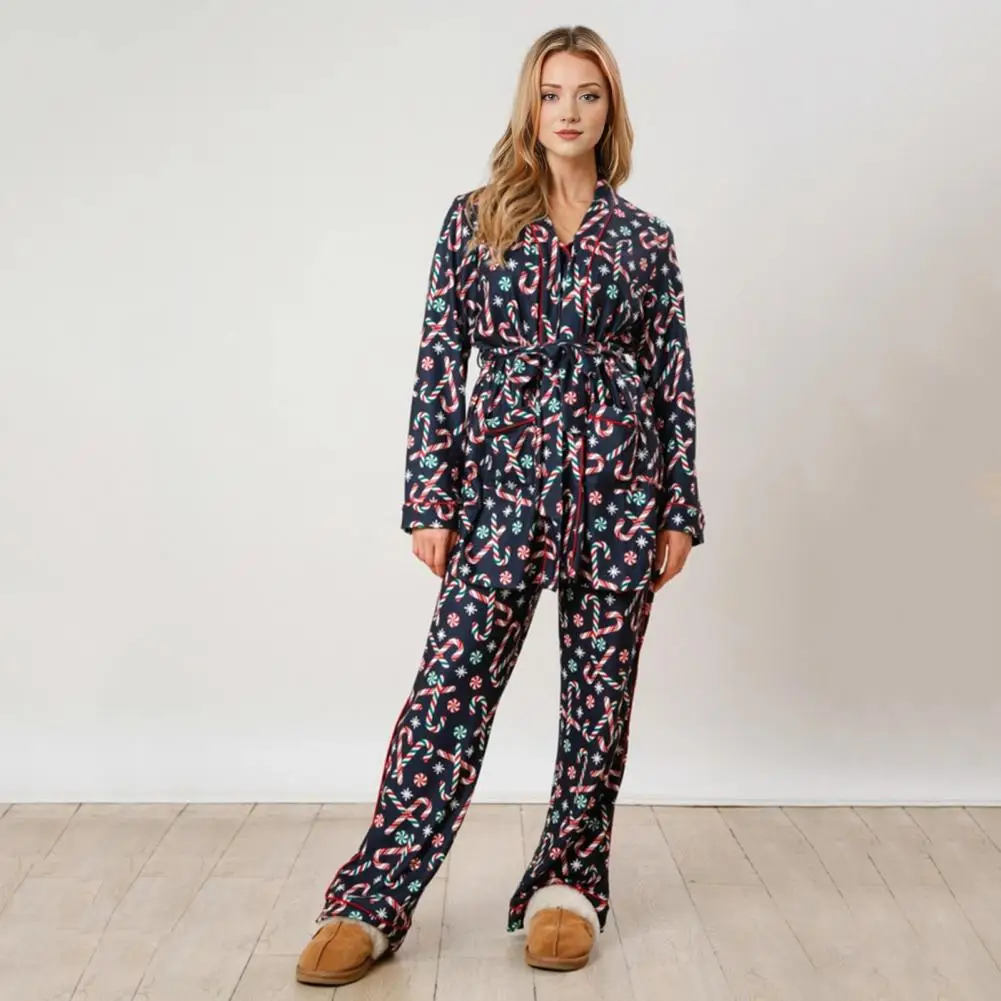 Пижама с лацканами Топ женский Рождественский пижамный комплект принтом Санты