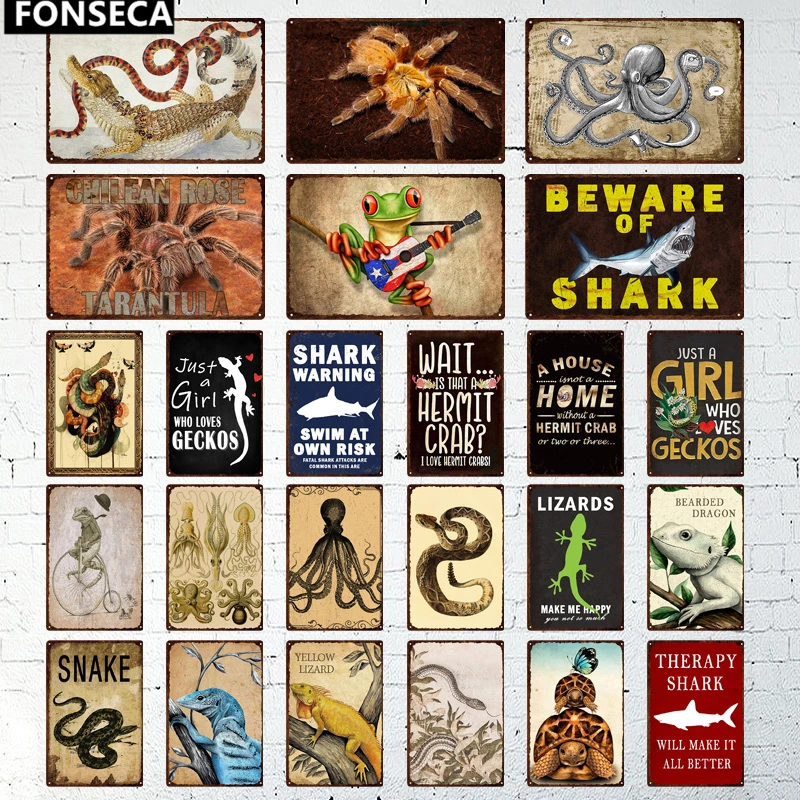 

Retro Metal Tin Logo Cold-Blooded Animal Lizard Spider Shark Bar Club Personality Unique Decorative Iron Plate