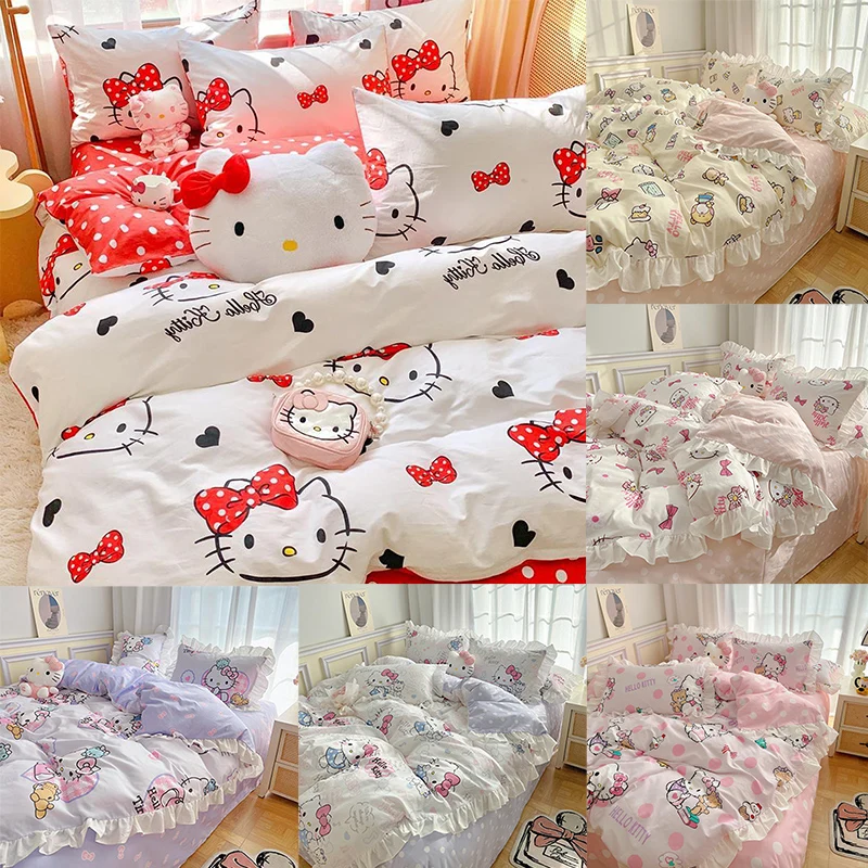 

Kawaii Cartoon Sanrio Hello Kitty Plush (Sheet + Pillowcase + Quilt Cover) 3/4 PCS Set Cute Beauty Single Double Bedroom Bedding