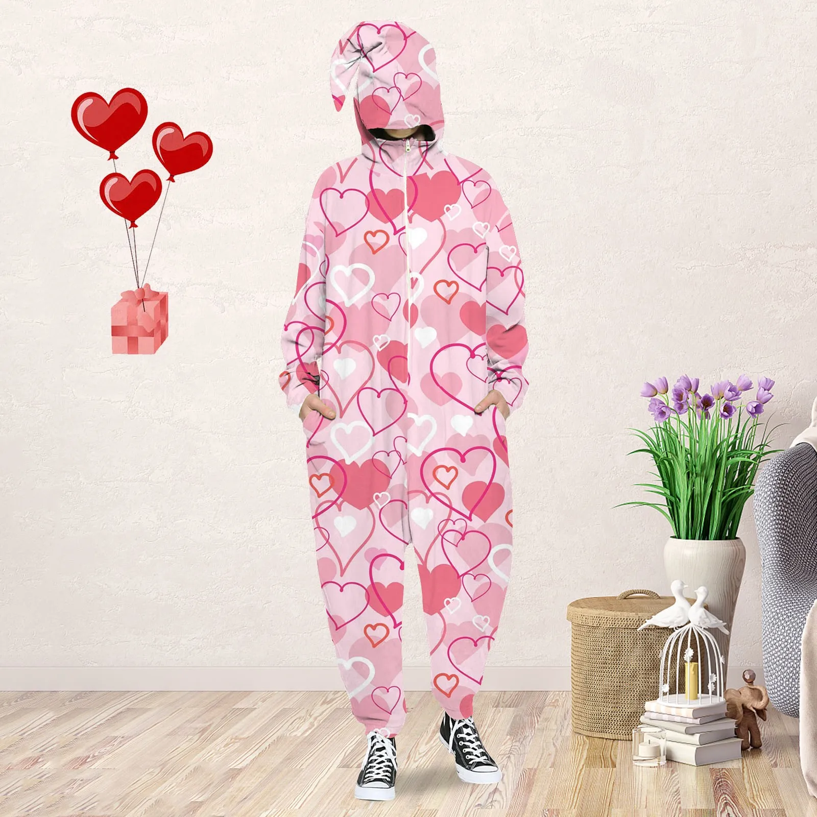 

Пижама на молнии для мужчин и женщин, пуловер с капюшоном и принтом Love, празднивечерние комплект для пар, свитшоты больших и высоких размеро...