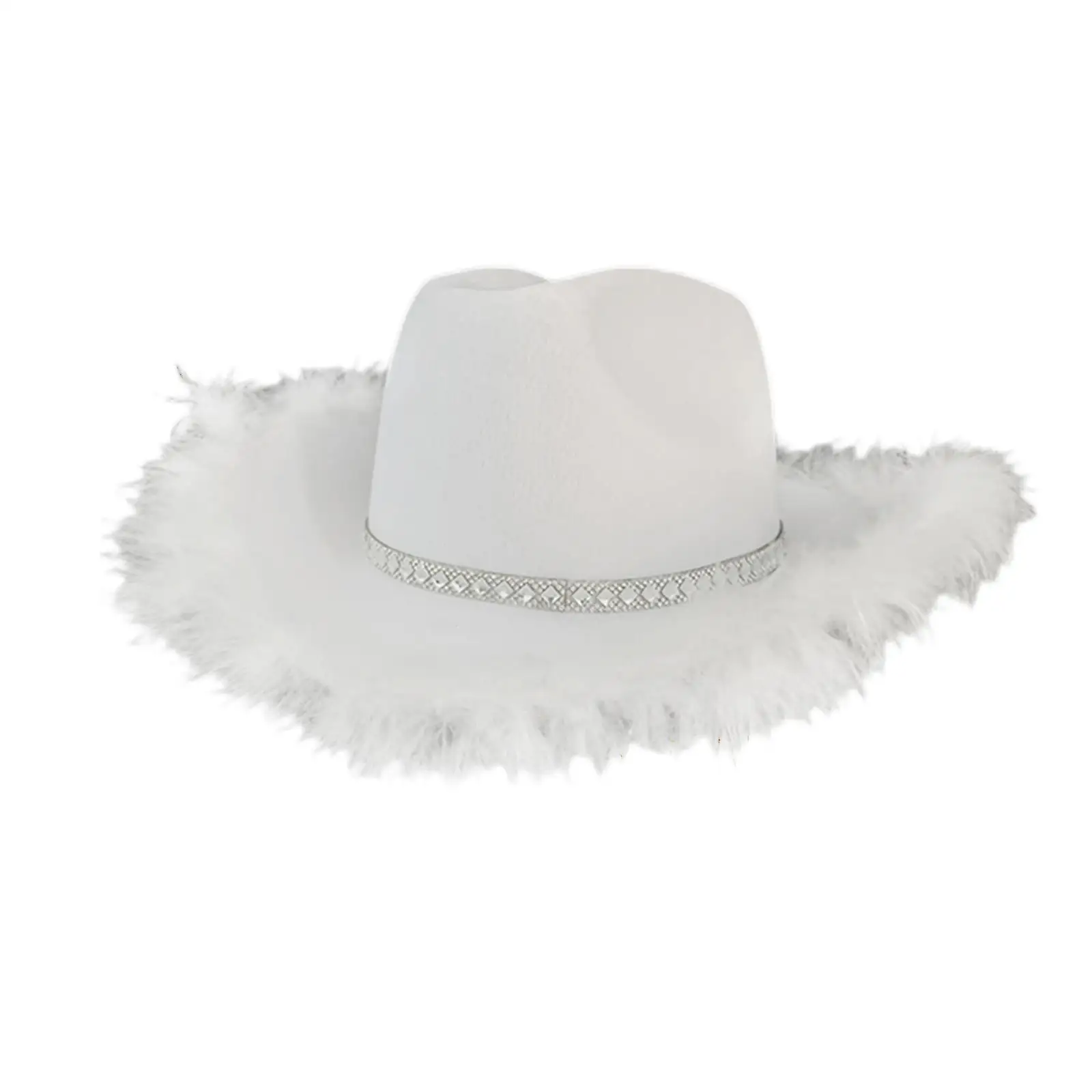 

Western Cowboy Hat Women Girl Party Hat White Feather Edge Crystal Beaded Fedoras Caps Summer Outdoor Cowgirl Hats