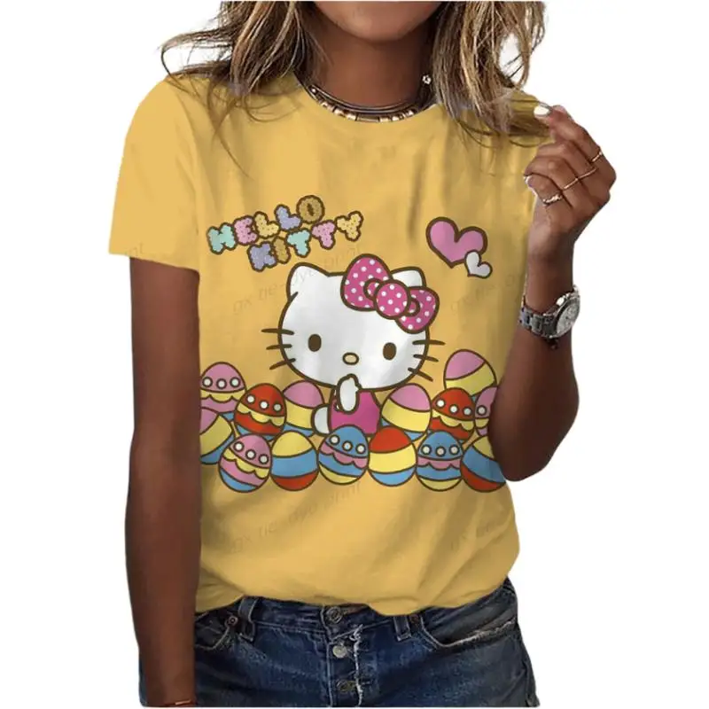 

Kawaii Sanrios Anime Series Hello Kitty3D Printing Season Women's Short-Sleeved T-Shirt Versatile Thin Children's Outer Wear Diy