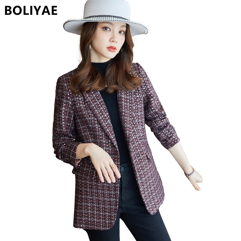 Women Fashion Tweed Blazer Plaid Checkered Wool Coat Vintage Long Sleeve Flap Pockets Female Outerwear Chic Femme Suit Jacket