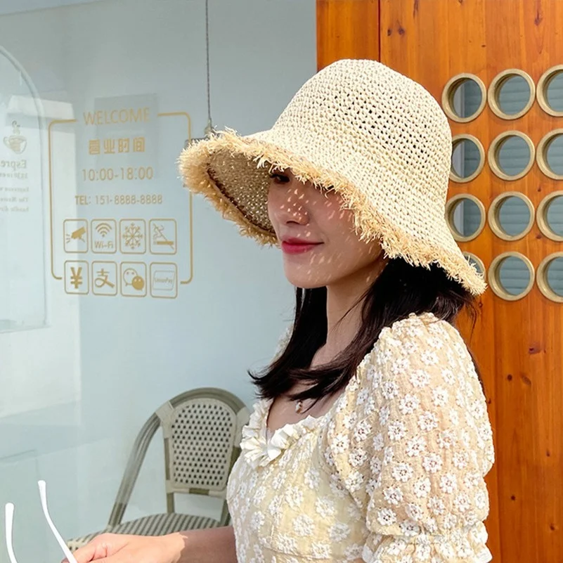 New Simple Girl Sun Hat Wide Brim Floppy Summer Hats for Women Beach Panama Straw Dome Weave Bucket Hat Femme Shade Women Hats