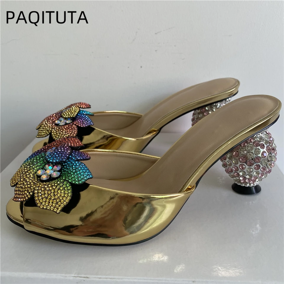 

Jeweled Diamond Spherical Heel Modern Sandals Women Rhinestone Crystal Flower Decor Slingbacks Mules Summer