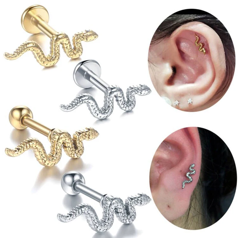 1PC 16G Surgical Steel Earrings Snake Tragus Helix Cartilage Punk Jewelry Conch Lobe Pircing Sexy Body Jewelry for Women 6mm
