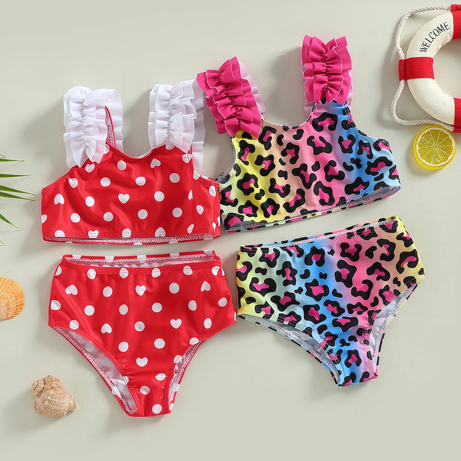 

2pcs Toddler Baby Girls Swimsuits Bikini Sets Summer Leopard/ Heart Dot Print Sleeveless Tank Tops with Beach Shorts Swimwear