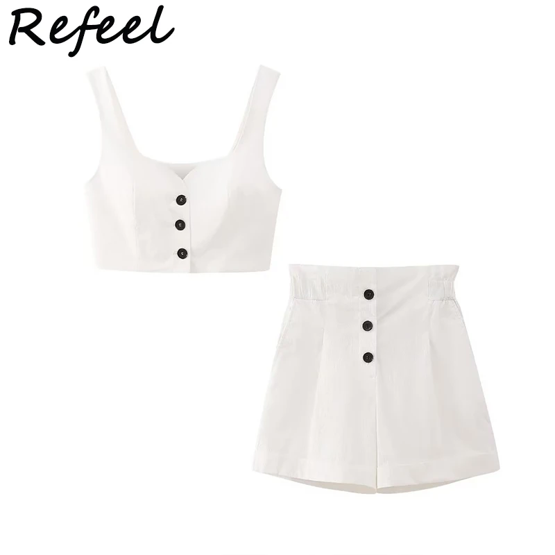 

Women Shorts Sets Fashion With Camisole Single Breasted Chic Crop Top Short Flax Blending Waistcoat Camis White Solid Mujer