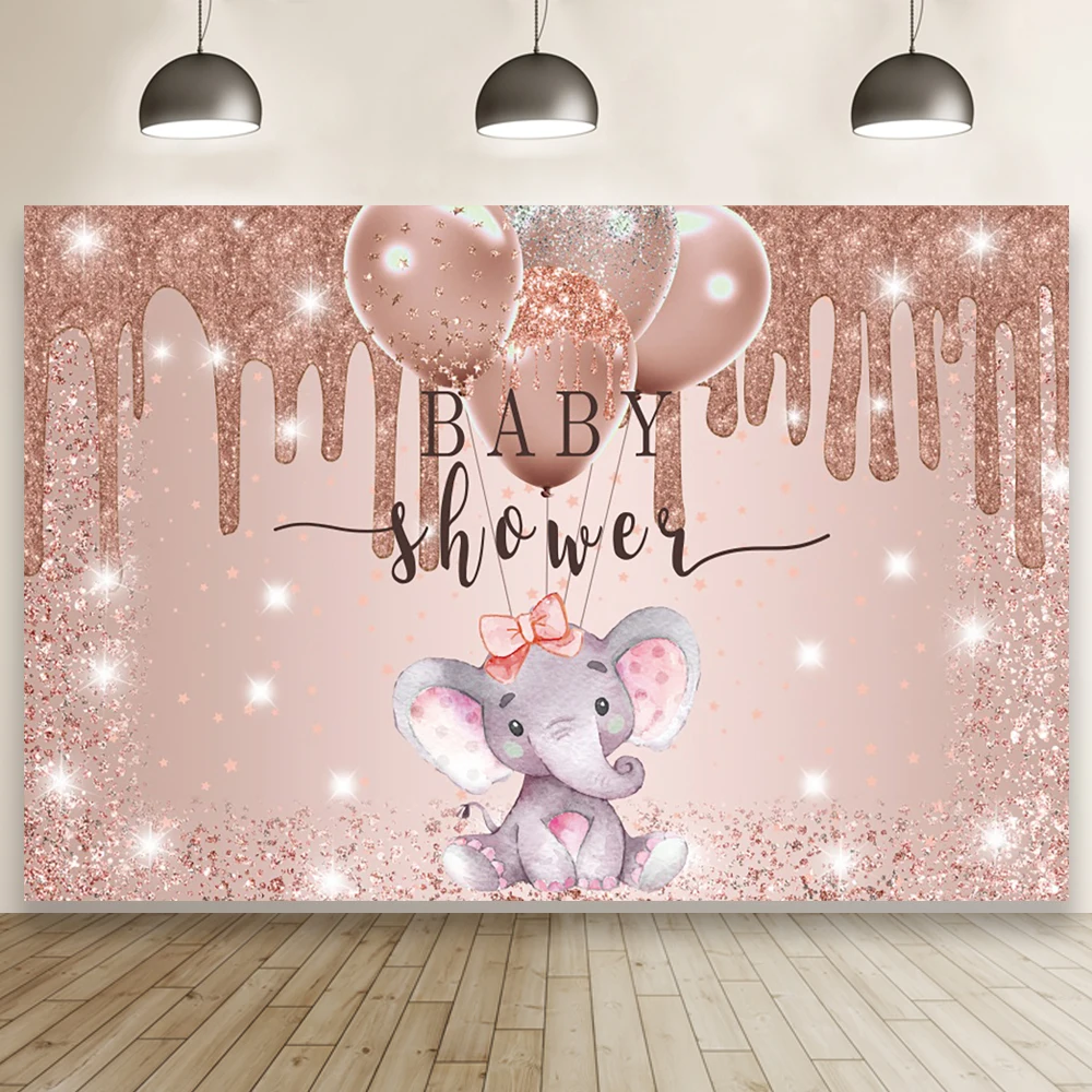

Rose Gold Bling Bling Cute Elephant Baby Shower Backdrop Photography Glitter Sequins Newborn Birthday Background Table Decor