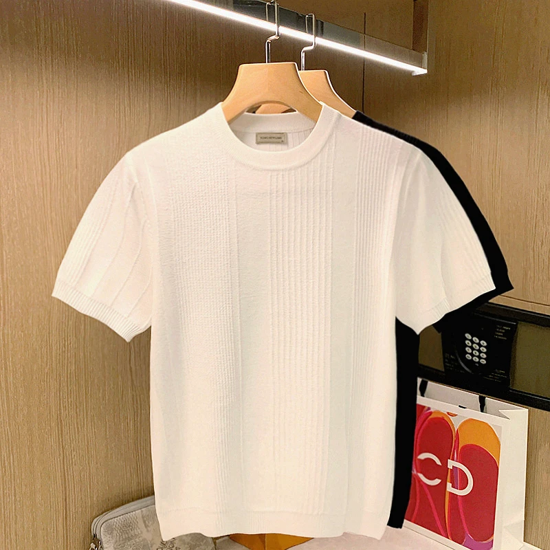 

Europe and America Fashion Knitted T-shirt Men's Summer Short Sleeved Slim Fit Round Neck Men bottomming clothes A27